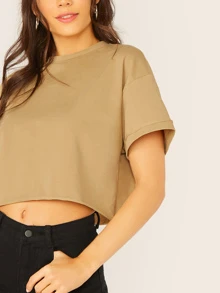 SHEIN EZwear Top de hombros caídos unicolor - Caqui - Ver 4