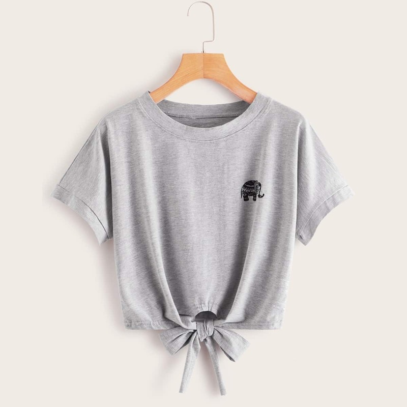 

Elephant Print Knot Hem Tee, Grey