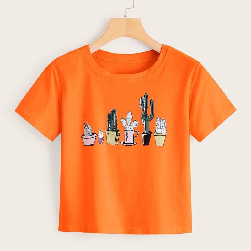 

Neon Orange Cactus Print Tee, Orange bright