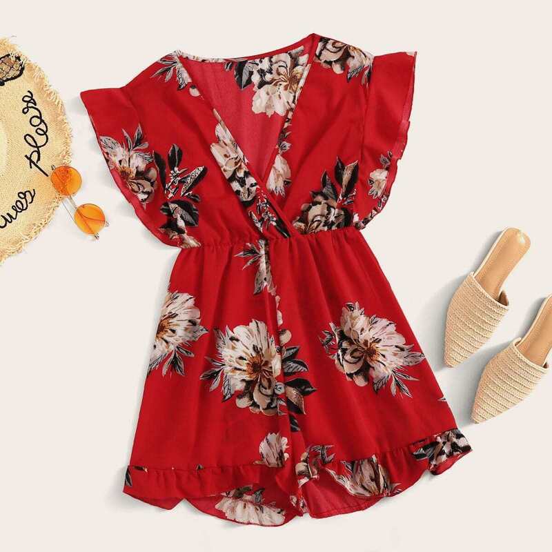 

Floral Print Frill Trim Surplice Romper, Red