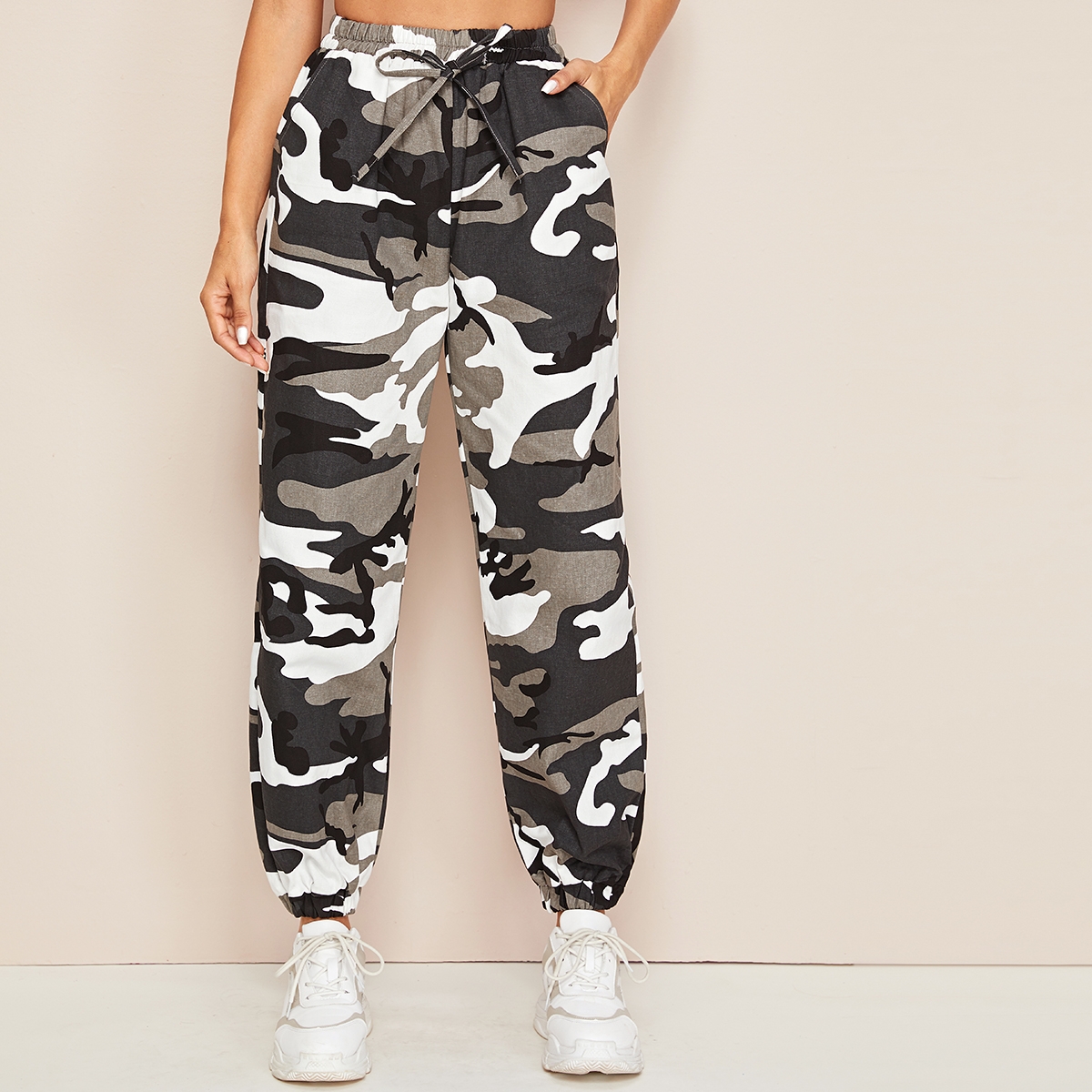 Image of Camo Print High-Rise Drawstring Joggers