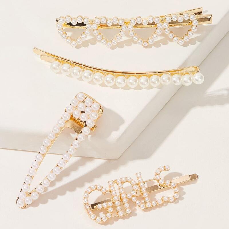 

Faux Pearl Design Heart & Letter Hair Clip 4pcs, White