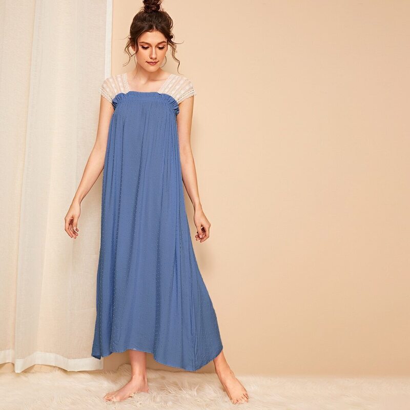 

Contrast Lace Frill Trim Night Dress, Blue