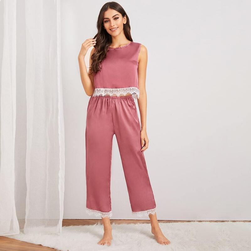 

Eyelash Lace Satin Pajama Set, Pink