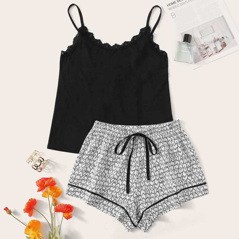 

Lace Trim Cami Top With Heart Shorts PJ Set, Multicolor