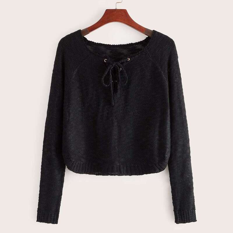 

Solid Lace Up Raglan Sleeve Knit Top, Black