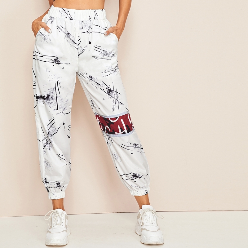 

Brush Print Elastic Waist Sweatpants, White