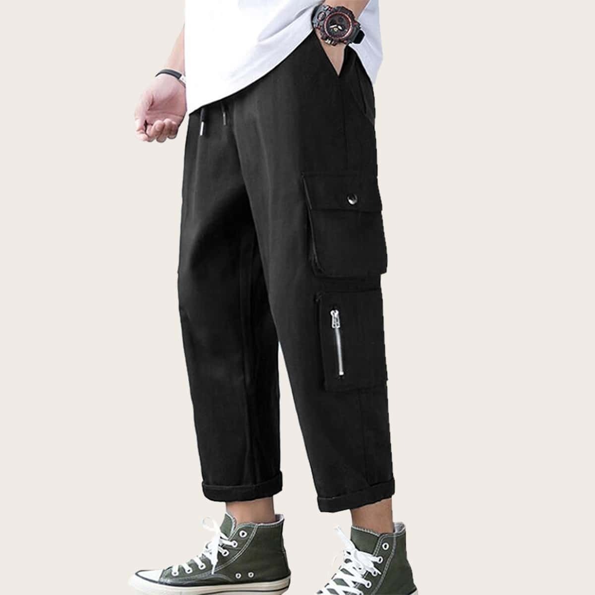 

Guys Drawstring Waist Zip Pocket Cargo Pants, Black