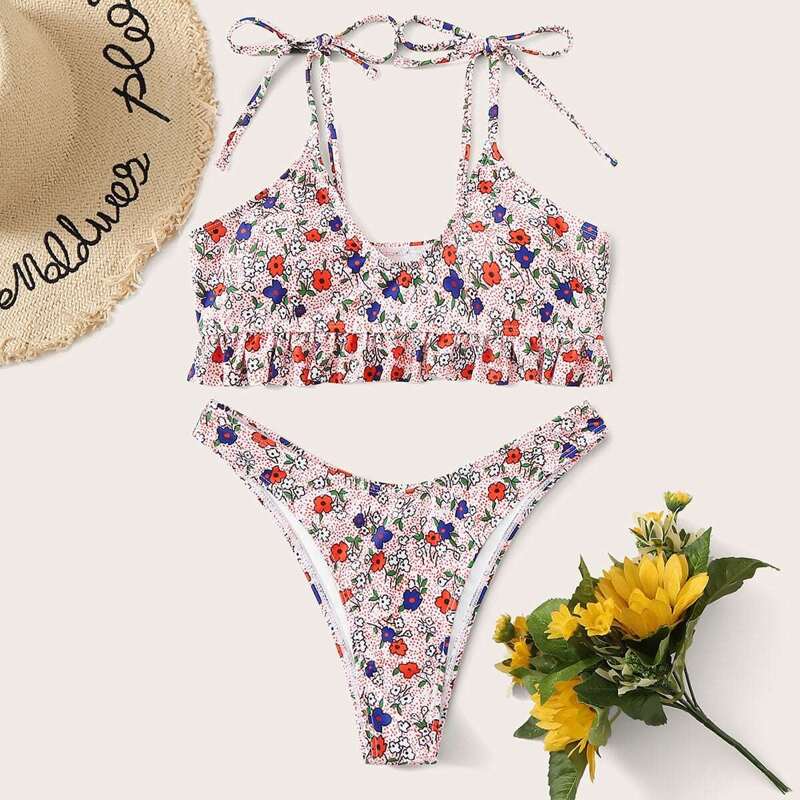 

Floral Ruffle Hem Tie Shoulder Bikini Set, Multicolor