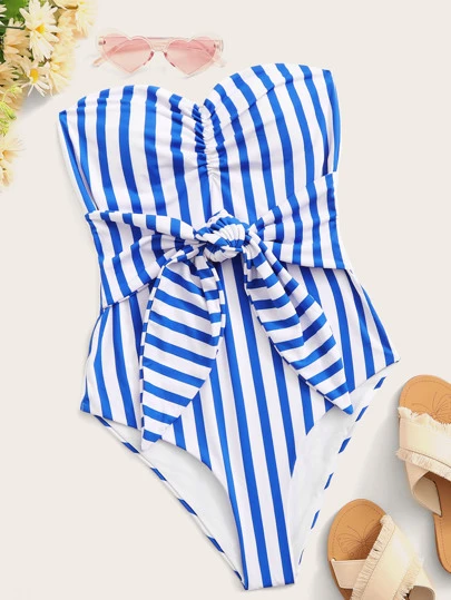 SHEIN Swim Summer Beach Striped Knot Front One Piece Swimsuit