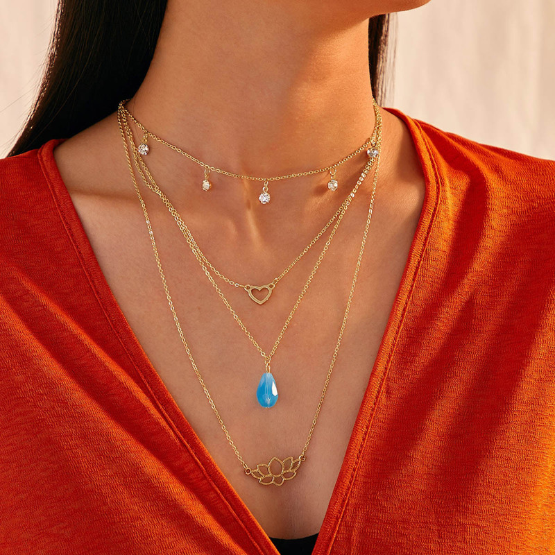 

Rhinestone Engraved Heart & Lotus Charm Layered Necklace 1pc, Gold