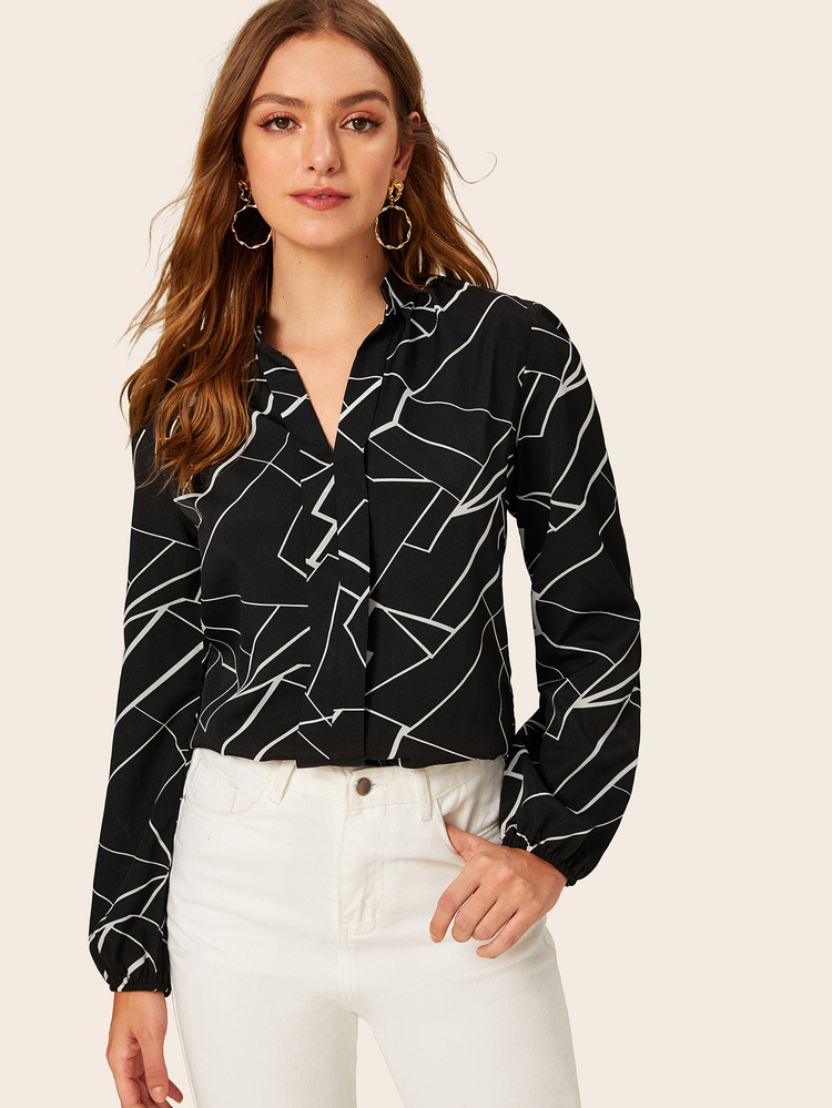 SHEIN Privé Random Stripe Print Notched Neck Blouse - Black - View 1