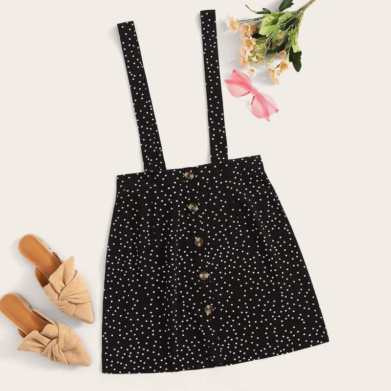 

Polka Dot Button Front Pinafore Skirt, Black