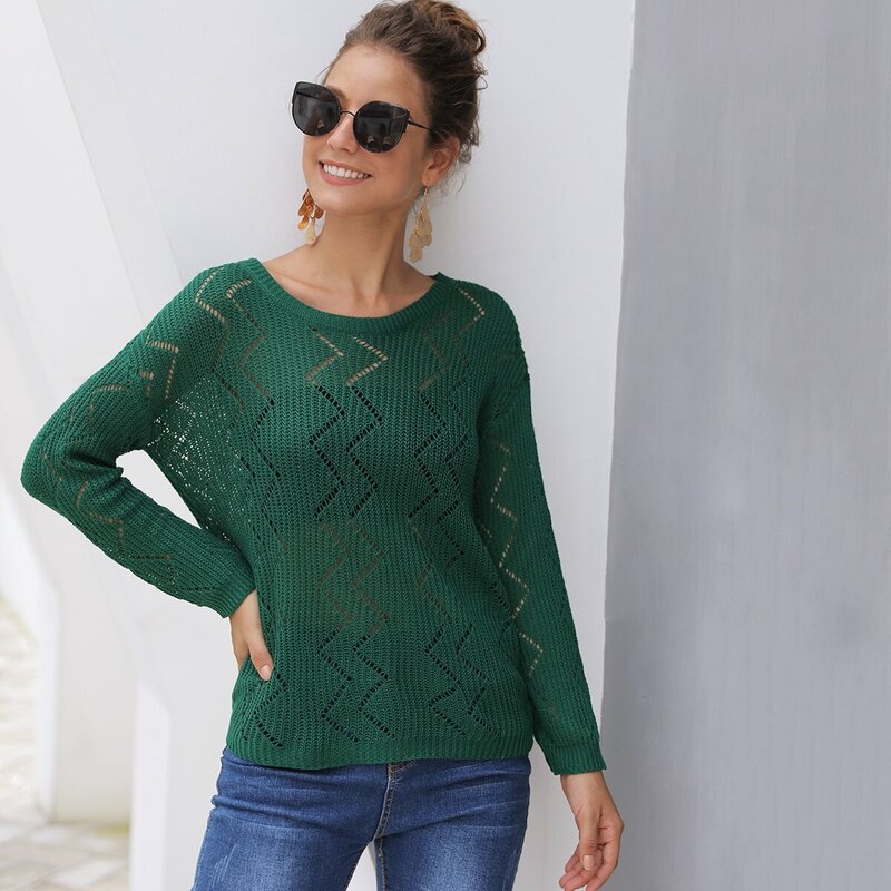

Pointelle Knit Solid Pullover Sweater, Green