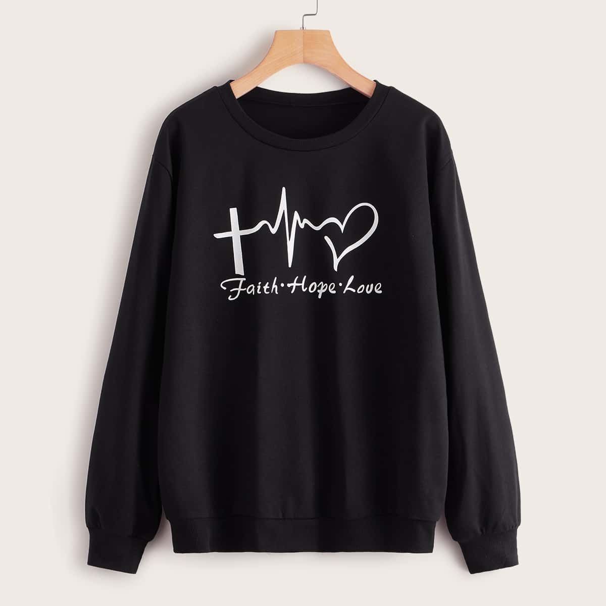 

Letter Graphic Round Neck Sweatshirt, Black