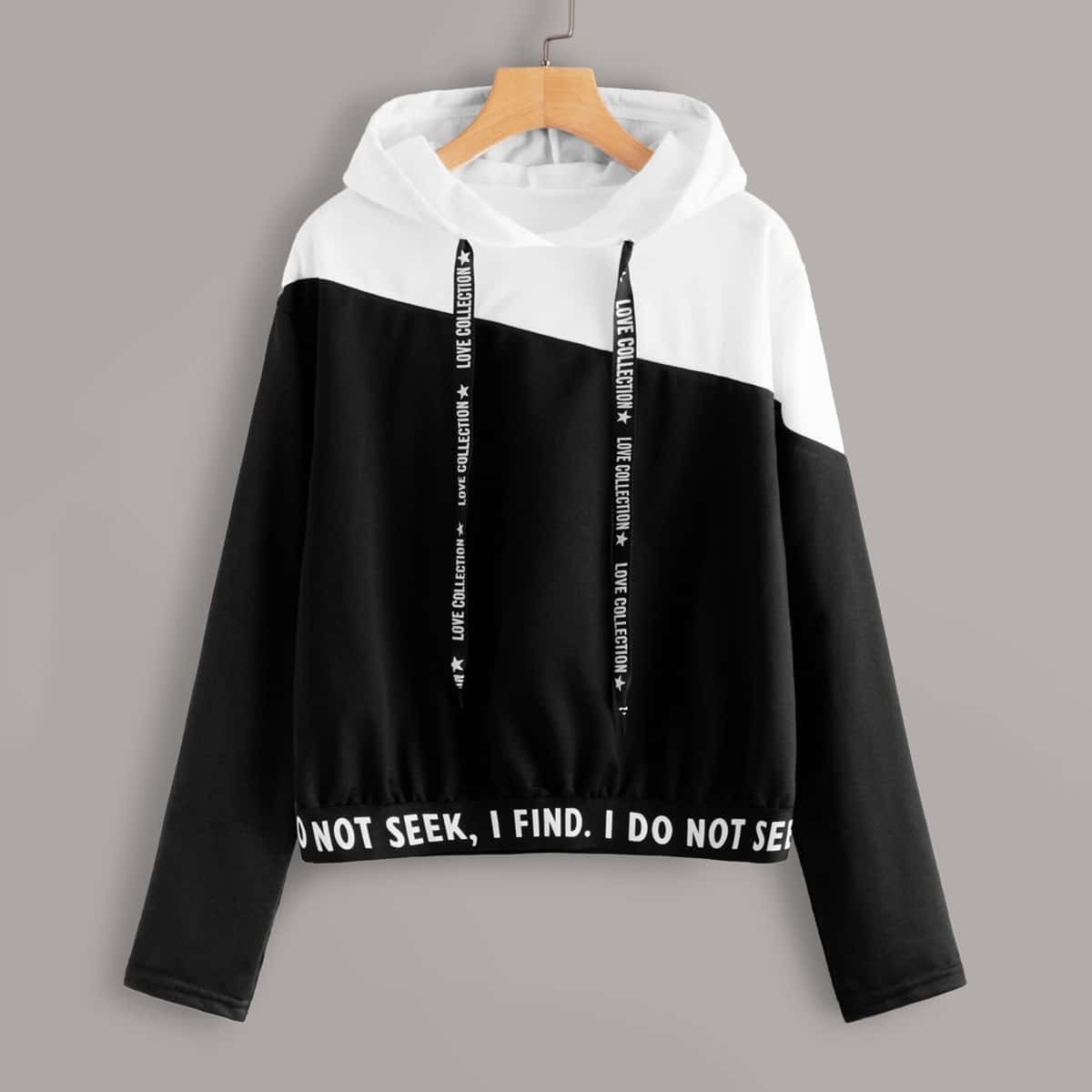 

Cut And Sew Slogan Print Drawstring Hooded Sweatshirt, Black and white