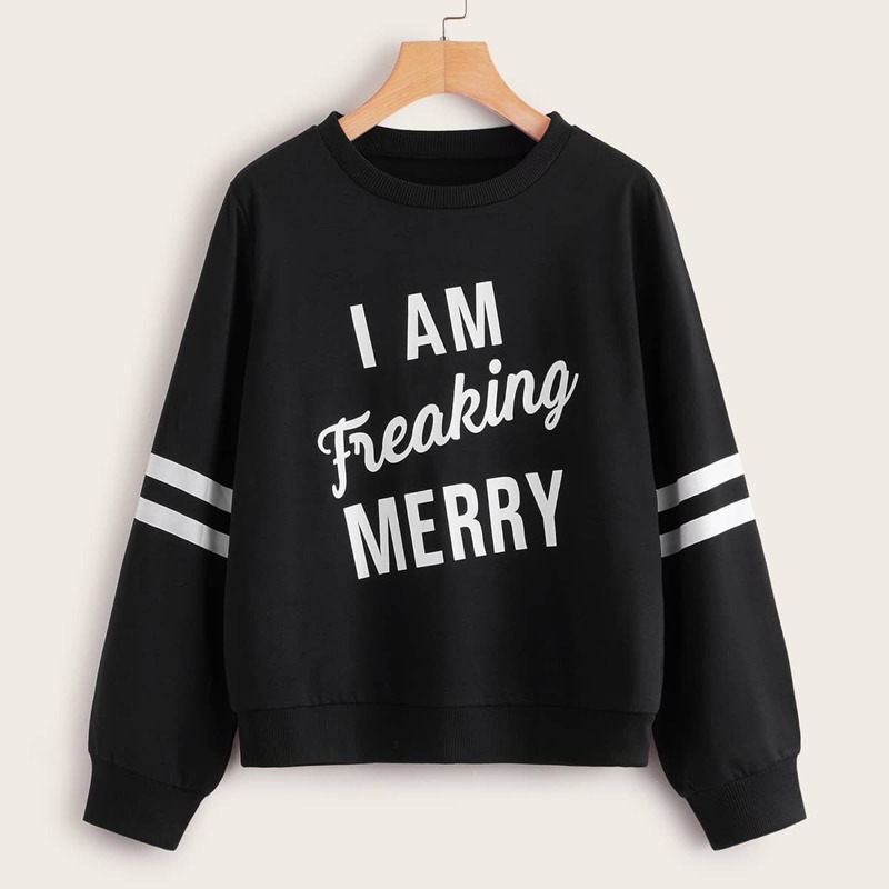 Side Stripe Slogan Print Sweatshirt, Black
