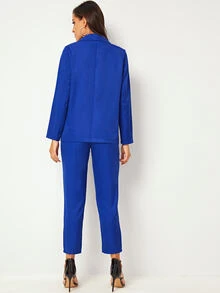 Double Button Notched Blazer With Tailored Pants - Royal Blue - View 2