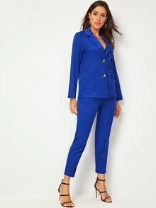 Double Button Notched Blazer With Tailored Pants - Royal Blue - View 4