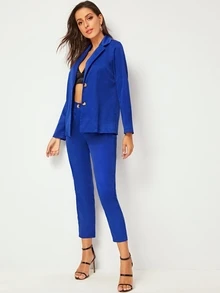 Double Button Notched Blazer With Tailored Pants - Royal Blue - View 3