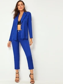 Double Button Notched Blazer With Tailored Pants - Royal Blue - View 1