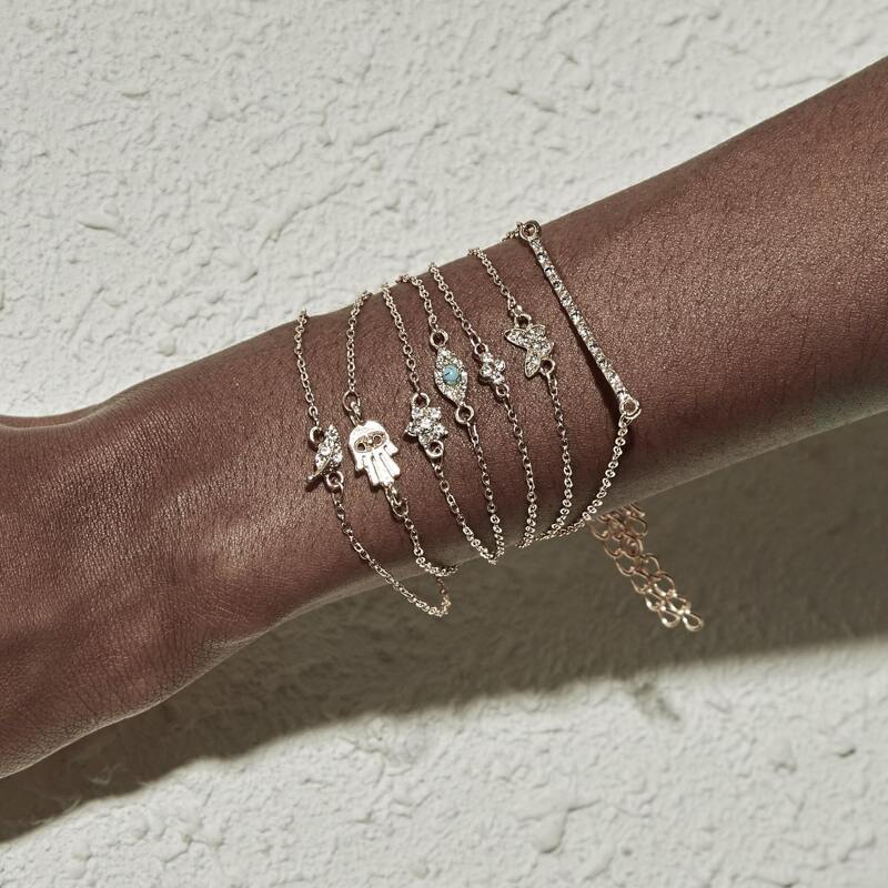 

Rhinestone Engraved Leaf & Floral Decor Bracelet 6pcs, Gold