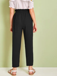 SHEIN Girls Button Front Paperbag Waist Trousers - Black - View 2