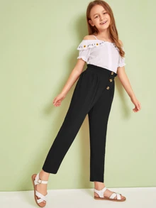SHEIN Girls Button Front Paperbag Waist Trousers - Black - View 4