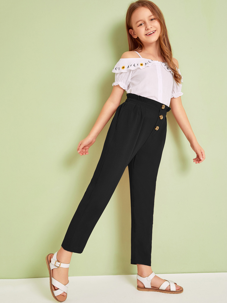 SHEIN Tween Girl Button Front Paperbag Waist Pants - Black - View 4