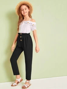 SHEIN Girls Button Front Paperbag Waist Trousers - Black - View 3