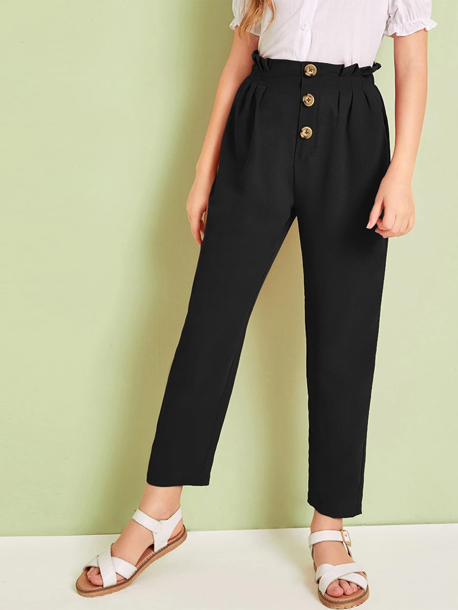 SHEIN Girls Button Front Paperbag Waist Trousers - Black - View 1