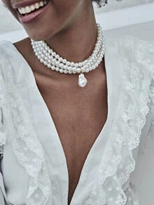 Layered Faux Pearl Design Choker 1pc - White - View 1