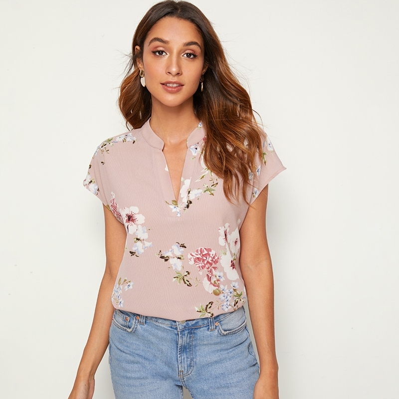 

Notch Neck Floral Print Batwing Sleeve Top, Pink pastel