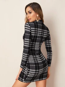SHEIN Mock-neck Long Sleeve Plaid Dress - Black and White - View 2