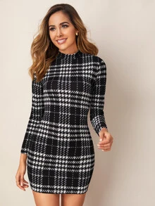 SHEIN Mock-neck Long Sleeve Plaid Dress - Black and White - View 1