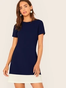SHEIN Privé Contrast Hem A-line Dress - Navy Blue - View 1
