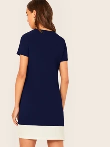 SHEIN Privé Contrast Hem A-line Dress - Navy Blue - View 2