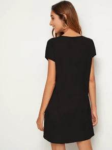 SHEIN LUNE V-cut Neck Solid Tunic Dress - Black - View 2