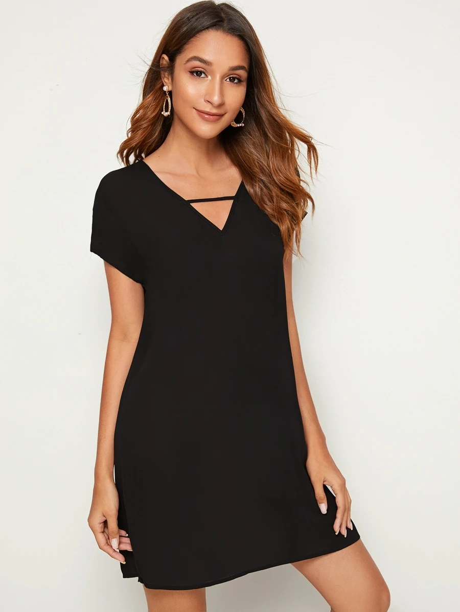 SHEIN LUNE V-cut Neck Solid Tunic Dress - Black - View 1