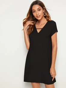 SHEIN LUNE V-cut Neck Solid Tunic Dress - Black - View 5