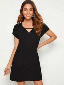 SHEIN LUNE V-cut Neck Solid Tunic Dress - Black - View 3