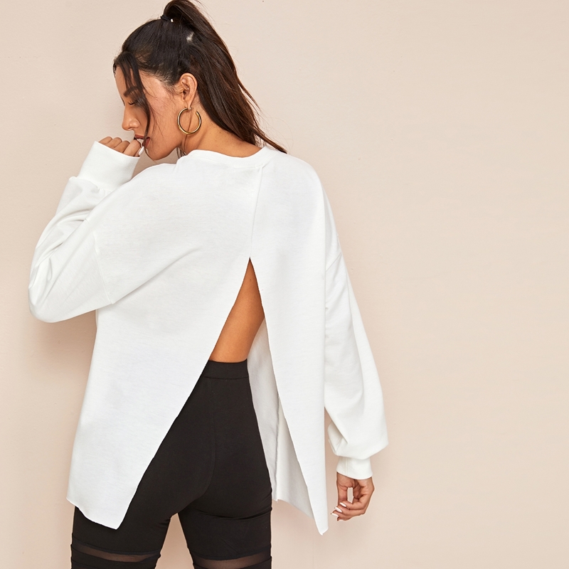 

Drop Shoulder Split Open Back Pullover, White