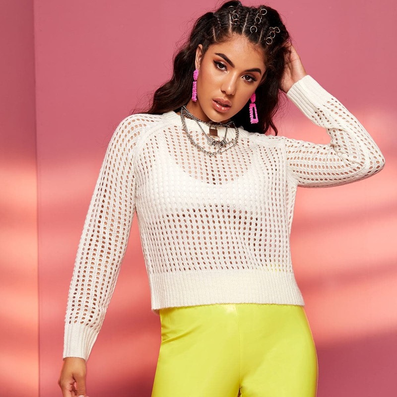 

Raglan Sleeve Eyelet Knit Top Without Bra, White