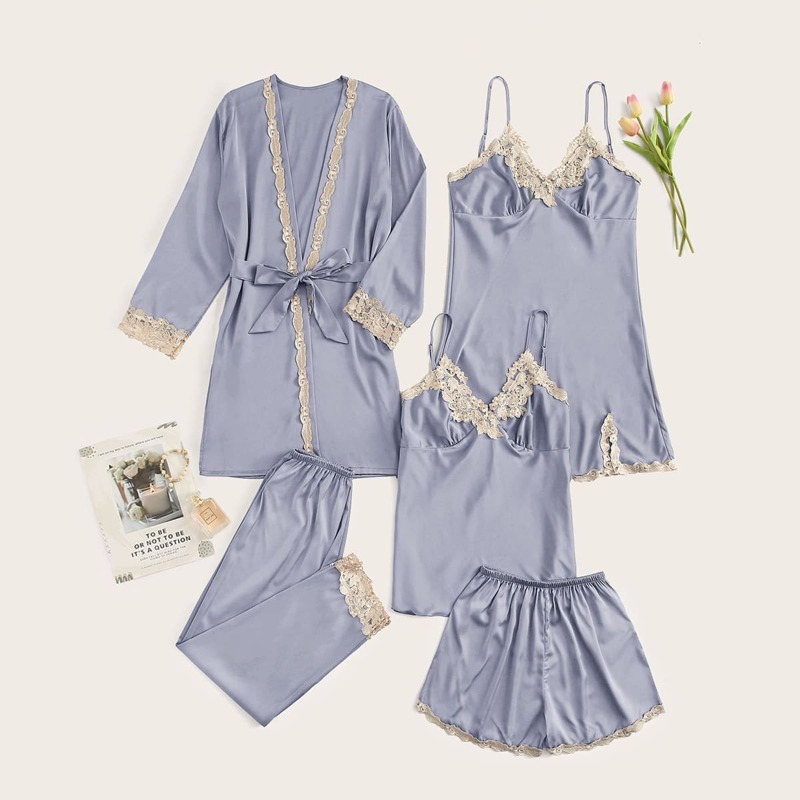 

5Pcs Lace Trim Satin Cami Dress With PJ Set & Robe, Blue