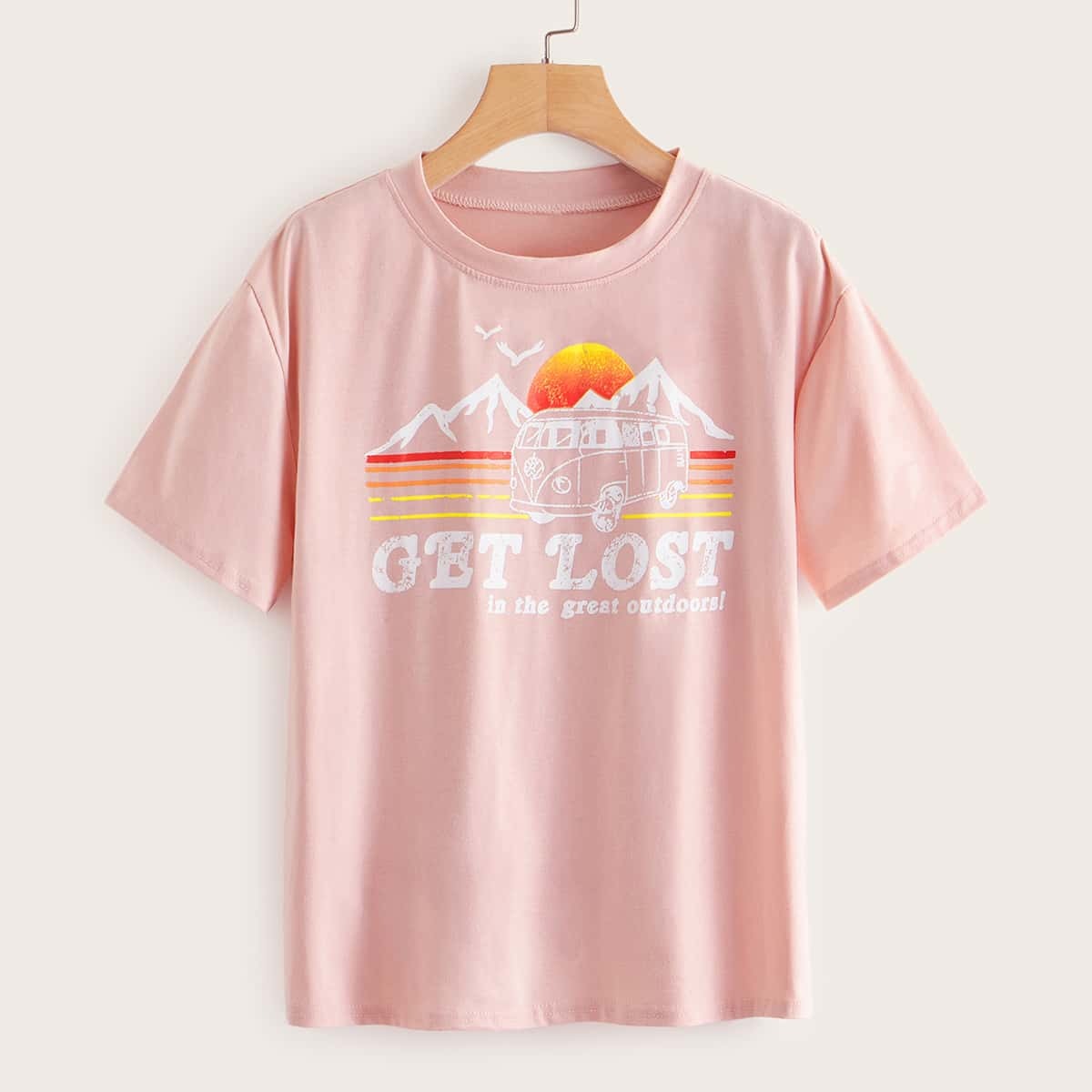 

Letter Print Round Neck Tee, Pink