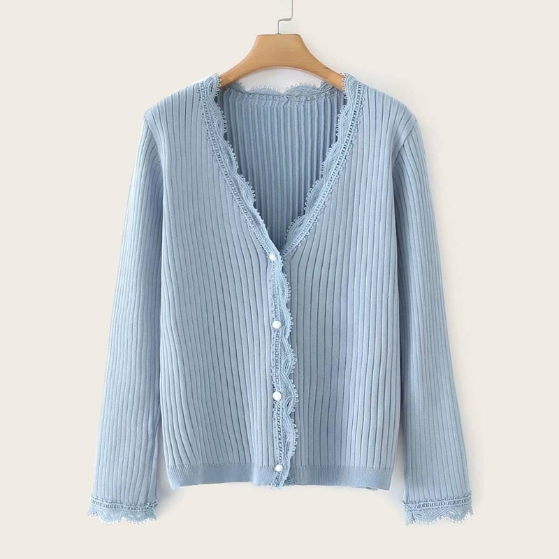 

Contrast Lace Trim Ribbed Knit Cardigan, Blue
