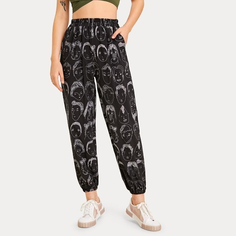 

Allover Figure Print Carrot Pants, Black