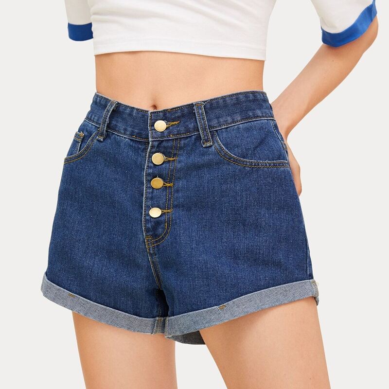 

Rolled Hem Button Front Denim Shorts, Blue