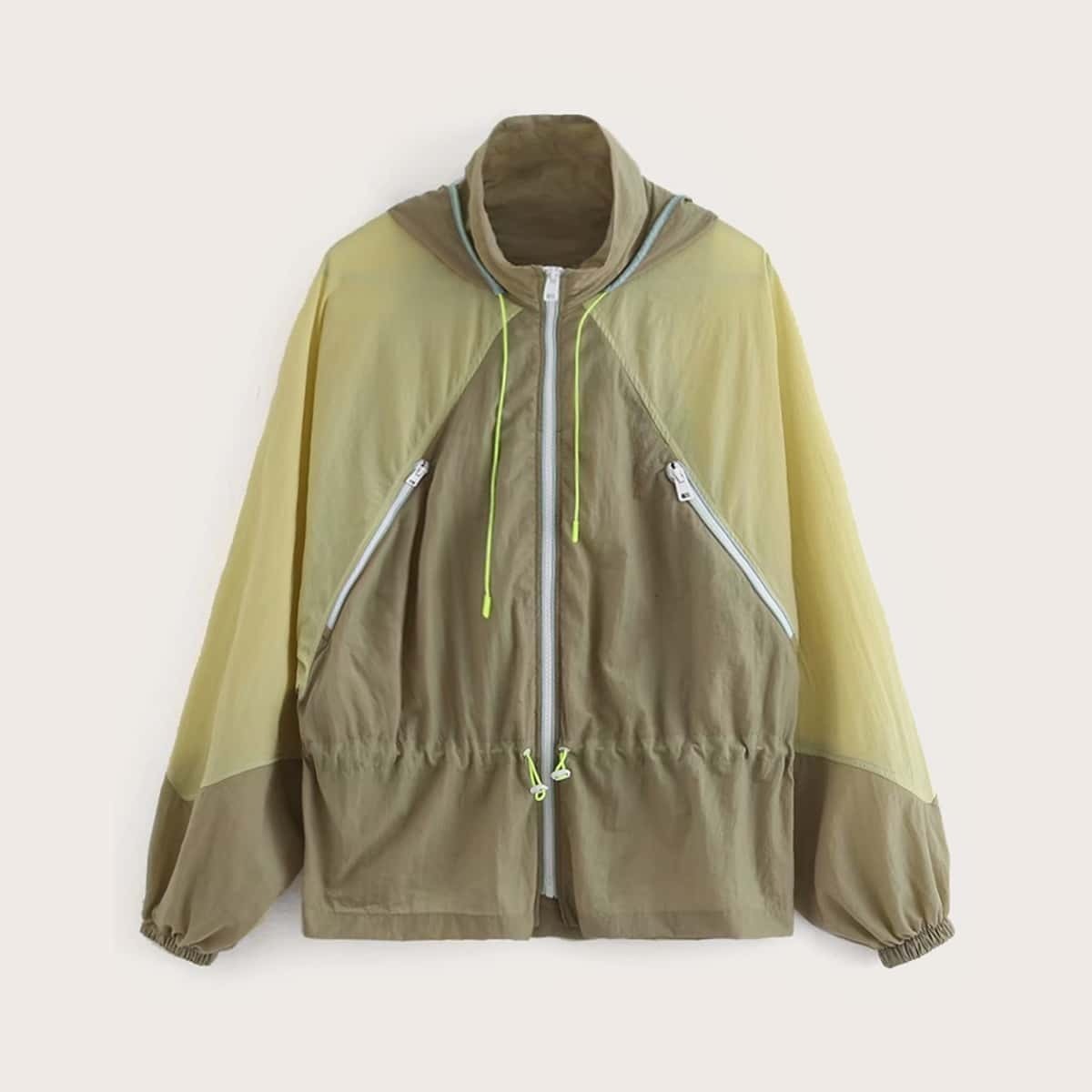 

Contrast Panel Raglan Sleeve Drawstring Waist Jacket, Multicolor