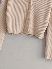 Button Front Rib-knit Solid Cardigan - Apricot - View 3